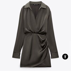 Zara Dark Olive Satin Wrap Dress